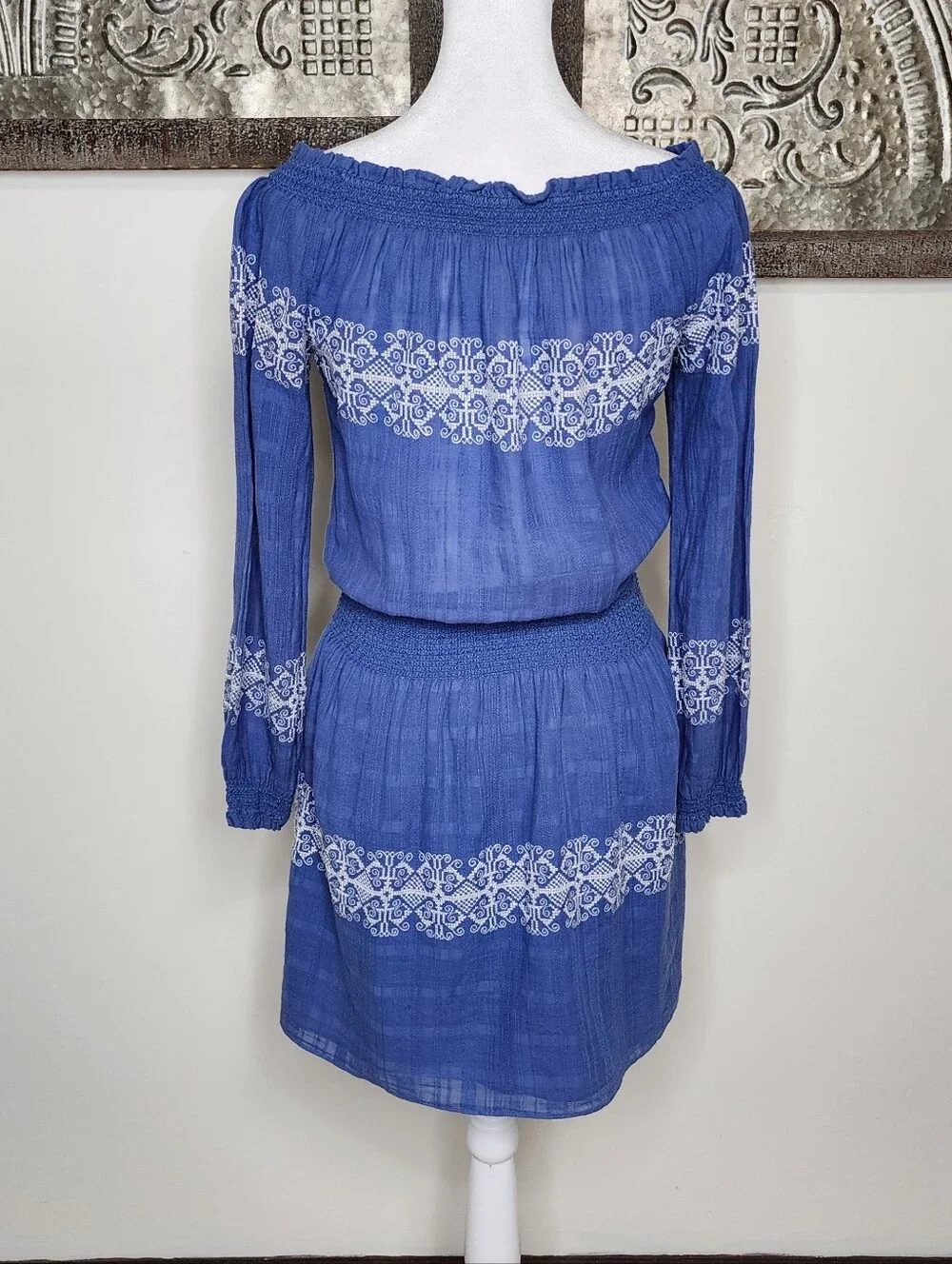 Tory Burch Blue Cotton Off-Shoulder Embroidered Women’s Smocked Mini Dress XS